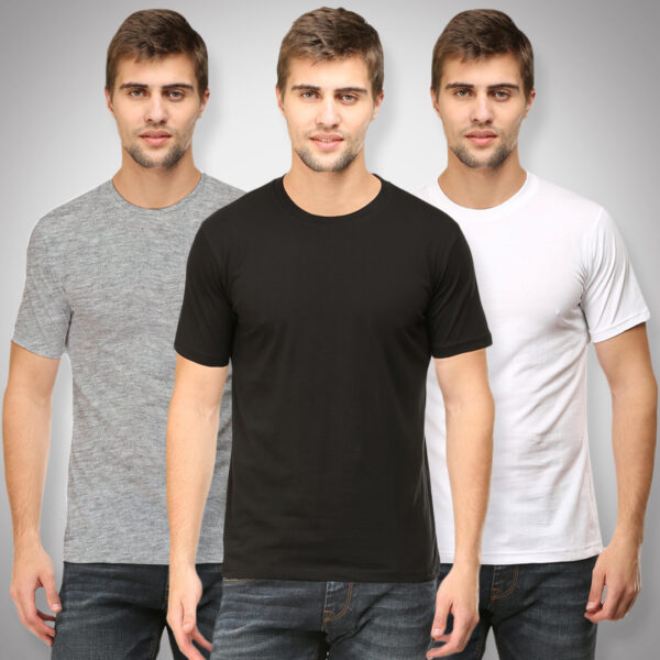 Plain Round Neck Half Sleeves Combo Pack of 3 _ Black, Melange Grey, White