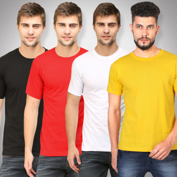 Plain Round Neck Half Sleeves Combo Pack of 4 _ Black, Red, White, Mustard Yellow