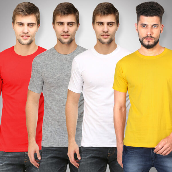 Plain Round Neck Half Sleeves Combo Pack of 4 _ Red, Melange Grey, White, Mustard Yellow