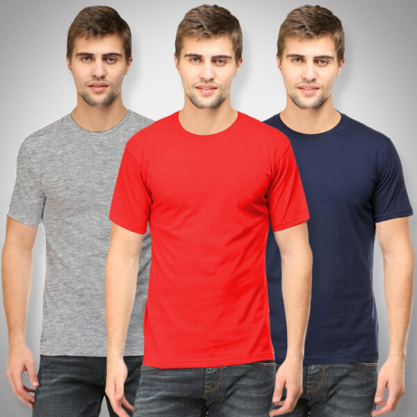 Plain Round Neck Half Sleeves Combo Pack of 3 _ Melange Grey, Red, Navy Blue