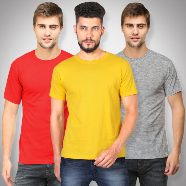 Plain Round Neck Half Sleeves Combo Pack of 3 _ Red, Yellow, Melange Grey