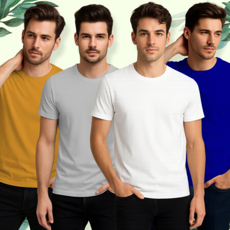 Plain Round Neck Half Sleeves Combo Pack of 4 _ Grey, Navy Blue, White, Yellow