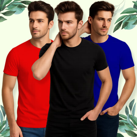 Plain Round Neck Half Sleeves Combo Pack of 3 _ Navy Blue, Black, Red