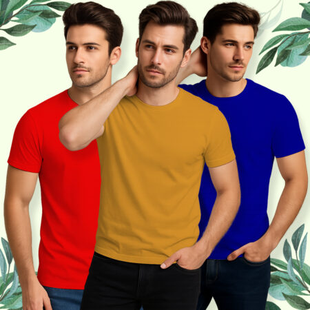 Plain Round Neck Half Sleeves Combo Pack of 3 _ Navy Blue, Yellow, Red