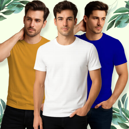 Plain Round Neck Half Sleeves Combo Pack of 3 _ Navy Blue, Yellow, White