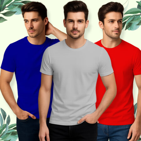Plain Round Neck Half Sleeves Combo Pack of 3 _ Grey, Red, Navy Blue